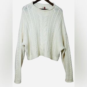 Pilcro Anthropologie Rolled Mock Neck Cable Knit Oversized Ivory Sweater Size XL